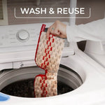 Hand placing a red-accented O-Cedar microfiber mop pad into a top-loading washing machine under text reading 'WASH & REUSE'