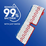 Infographic-style image of O-Cedar mop pad with text 'Removes 99% Bacteria with just water' on blue background