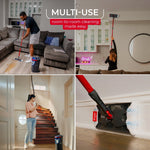 Four-panel lifestyle collage showing O-Cedar mop used on floors, stairs, high surfaces, and a close-up corner cleaning head