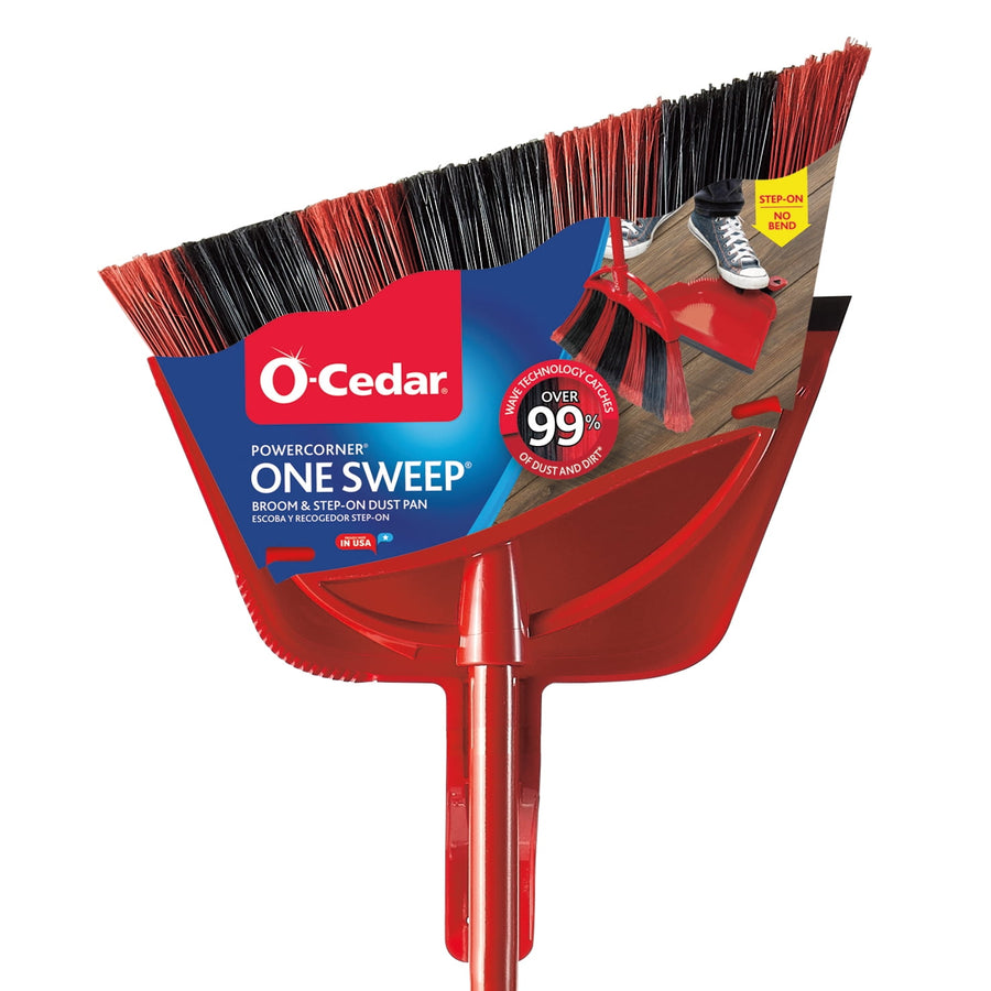 O-Cedar PowerCorner One Sweep broom head and red step-on dustpan packaging label shown close-up