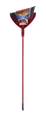 Full-length red O-Cedar PowerCorner broom with attached dustpan and product label on a plain background