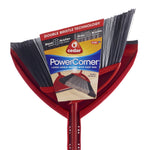 Close-up of O-Cedar PowerCorner broom head and red dustpan with product label showing double bristle technology