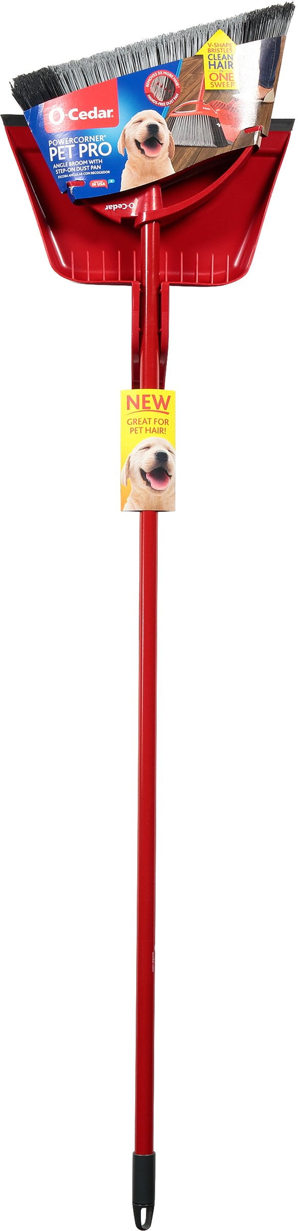 Red O-Cedar PowerCorner Pet Pro broom and matching step-on dustpan shown assembled with product label featuring a dog