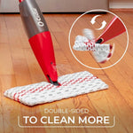 O-Cedar ProMist MAX mop shown spraying while article inset illustrates the mop head flipping to use the pad's other side