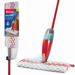 O-Cedar ProMist MAX spray mop shown spraying liquid onto a textured white microfiber pad with red accents
