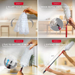Four-step instructional collage showing how to fluff, hook, secure and extend the O-Cedar refill