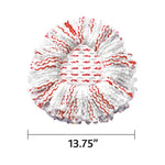 White-and-red O-Cedar circular replacement mop head on a white background with a 13.75" width callout