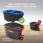 Illustration of O-Cedar RinseClean two-tank spin mop system with a checkmark and a one-tank system crossed out
