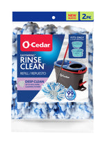 Packaged O-Cedar RinseClean deep clean spin mop refill in retail bag showing mop head and bucket illustration