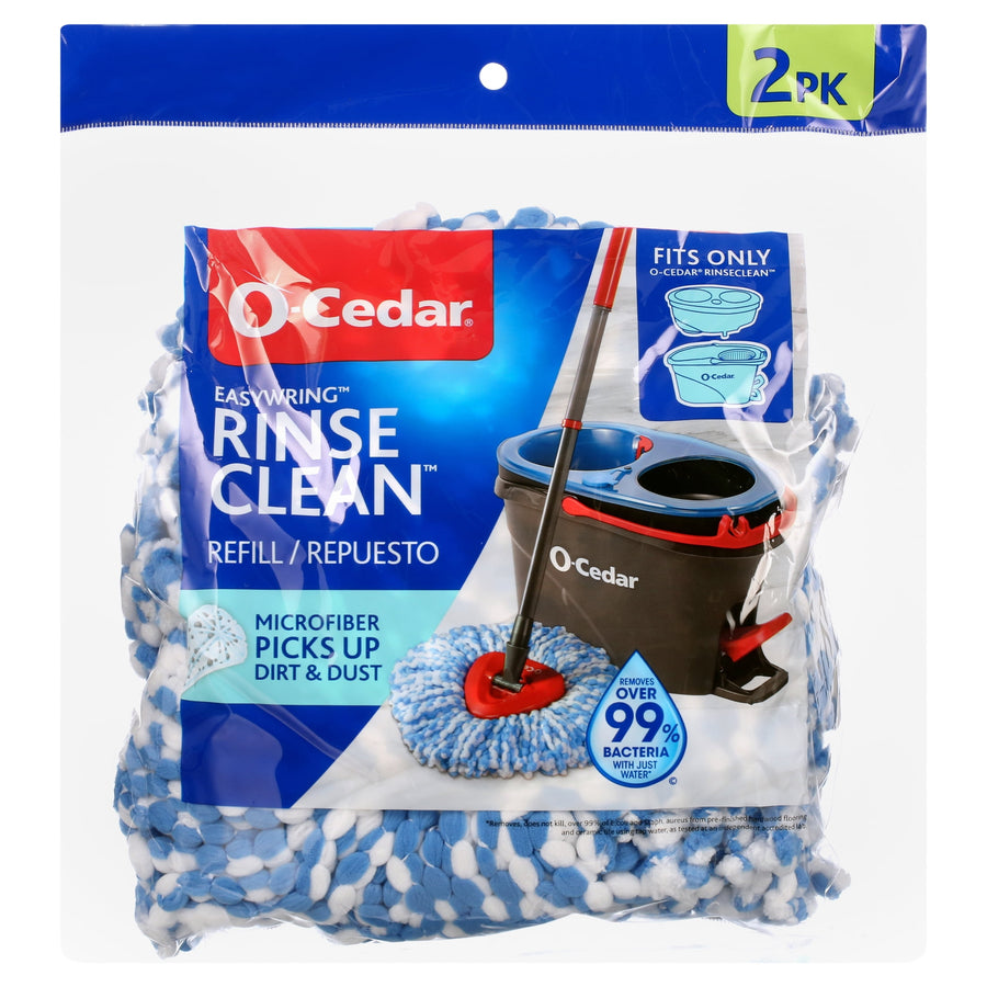 O-Cedar RinseClean refill package showing mop head and bucket graphic with blue packaging