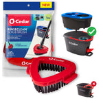 Red O-Cedar RinseClean triangular scrub brush attachment shown with retail pouch and bucket compatibility graphics.