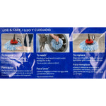 Product use and care panel showing three instructional photos for removing, washing and replacing the mop head