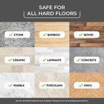Grid graphic showing types of hard floors (stone, bamboo, wood, ceramic, laminate, concrete, marble, porcelain, vinyl) labeled safe