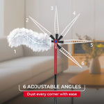 O-Cedar red telescoping handle with numbered overlay illustrating six adjustable head angles around a fluffy white duster