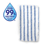 Striped white and blue microfiber mop pad next to a graphic drop claiming 99% bacteria removal
