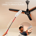 Person using O-Cedar red telescoping wand to clean a ceiling fan blade, inset shows handheld use of the duster