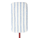 Top-down view of white microfiber mop pad with thin blue vertical stripes on a mop head
