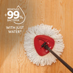 Triangular red mop head with white microfiber strands cleaning a wood floor with text claiming it removes 99% bacteria with just water