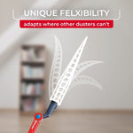 Graphic showing O-Cedar wand flexing with text ‘unique flexibility’ over blurred room background