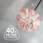 Top-down view of a white and red O-Cedar mop head against a light background with text claiming more cleaning power