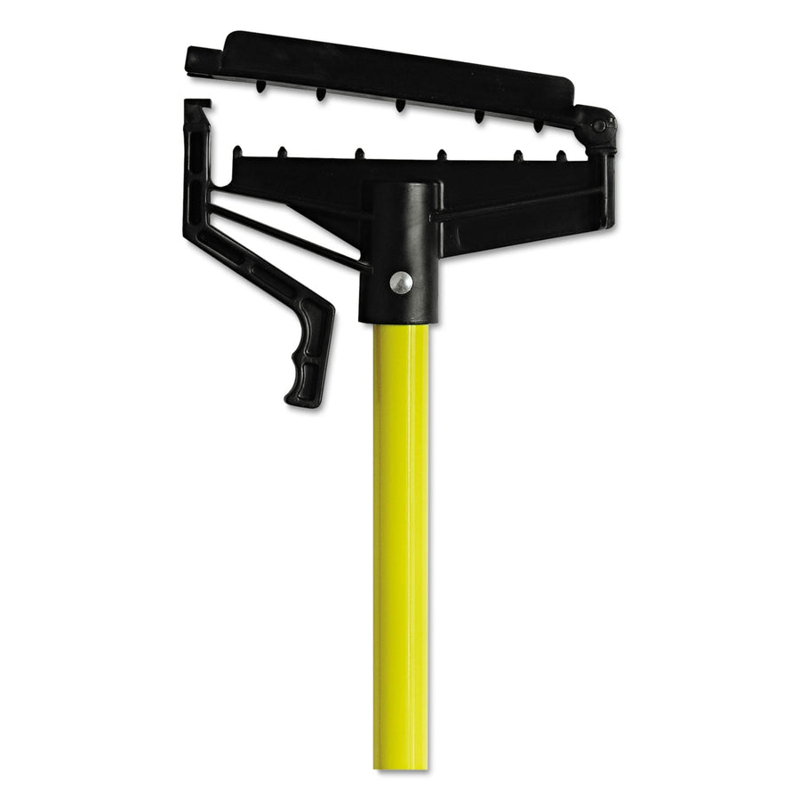 Yellow fiberglass mop handle with black O-Cedar quick-change clamp head on white background
