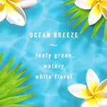 Graphic background with plumeria flowers and text describing Ocean Breeze scent notes: leafy green, watery, white floral