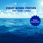 Ocean scene background with text promoting fighting bowl odors and a badge reading Ocean Fresh Scent