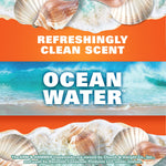 Graphic panel with seashells and ocean waves reading 'Refreshingly Clean Scent' and prominent 'Ocean Water' text.