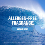 Ocean wave background with text 'Allergen-Free Fragrance' and oval label 'Ocean Mist'