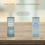 Graphic showing original and updated bottle designs for Oceanside Flannel with text ‘New look, same rich fragrance’ and arrows pointing to labels