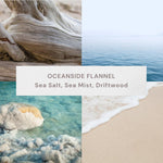 Four-panel mood collage showing driftwood, calm ocean, mineral beach water and sand with text reading Oceanside Flannel and scent notes