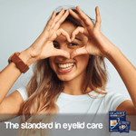Smiling woman forming a heart with her hands over one eye with a small OCuSOFT Lid Scrub product inset and tagline at bottom