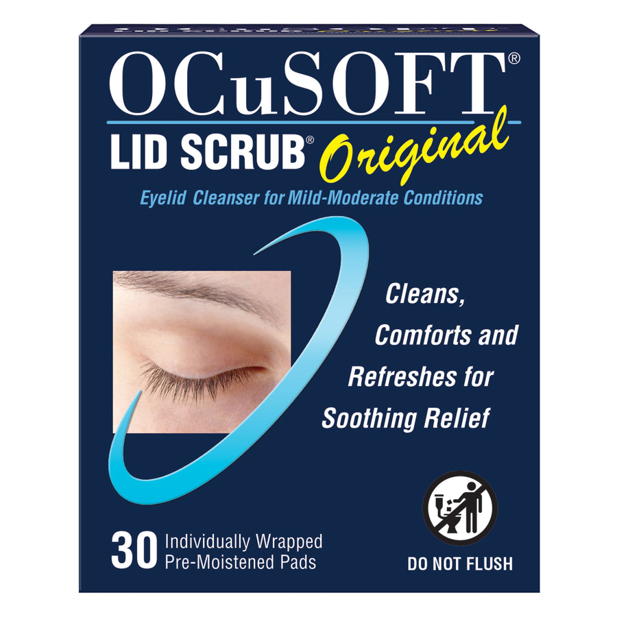 OCuSOFT Lid Scrub Original retail box showing branding, eyelid photo and '30 individually wrapped pre-moistened pads' text