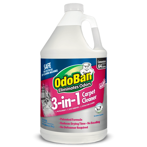 Single white gallon jug of OdoBan 3-in-1 carpet cleaner concentrate with branded pink and blue label