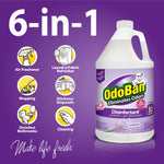 6-in-1 product graphic featuring an OdoBan lavender concentrate bottle and icons for air freshener, laundry, mopping, kitchens, bathrooms, cleaning.