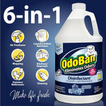 Promotional graphic showing a one-gallon OdoBan bottle and six icons labeled uses like mopping, laundry and air freshener
