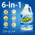 Promotional graphic showing an OdoBan disinfectant jug and six icons describing uses like mopping and laundry on blue background.