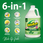 Graphic showing OdoBan 6-in-1 uses with icons and a gallon jug of OdoBan disinfectant on green background.