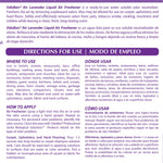 Close-up product directions and bilingual usage instructions panel for OdoBan Air Lavender Liquid Air Freshener.