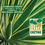 Close-up green leaf background with text about eliminating odors naturally and a Bio Enzyme logo