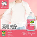 Person opening a white shirt with OdoBan BioStain & Odor Remover jug and text about pretreating laundry and protein stains.