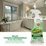 OdoBan green disinfectant bottle overlaid on a bathroom scene with text claiming it kills human coronavirus in 60 seconds.
