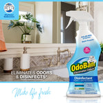 OdoBan disinfectant bottle shown in a bathroom setting with text about eliminating odors and disinfecting surfaces