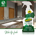 OdoBan eucalyptus spray bottle placed in a reflected bathroom vanity scene with text about eliminating odors