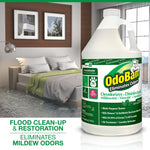 OdoBan one-gallon bottle displayed beside a bedroom scene with overlay text about flood clean-up and eliminating mildew odors