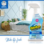 OdoBan disinfectant bottle shown in a bright bedroom scene with text saying it freshens the air and fabrics