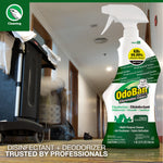 OdoBan eucalyptus spray bottle shown in a hallway/hotel-staff cleaning scene with overlay text about disinfectant and deodorizer
