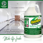 One-gallon OdoBan bottle in foreground with a clean glossy corridor background and text stating it cleans, deodorizes, and disinfects