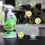 OdoBan bottle on a countertop with icons showing uses for kitchens, bathrooms, upholstery, pets and automobiles