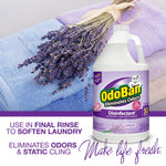 OdoBan lavender disinfectant bottle beside folded towels and a bundle of dried lavender, with product benefits text below.